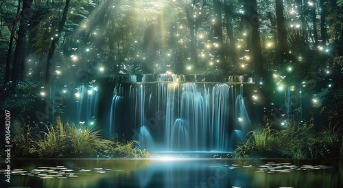 Night, Stream of fresh water over cascade waterfall, underwater glowing colorful meadow inside deep water swamp inside forest lit by moonlight. Generative AI.