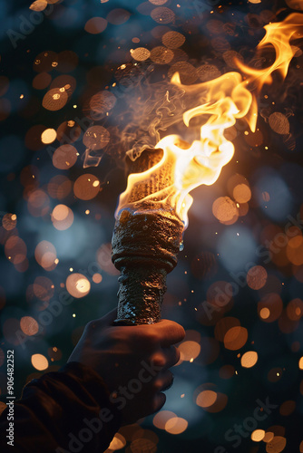 Burning Olympic torch in hand on dark background with bokeh, symbol of Olympic Games and other competitions photo