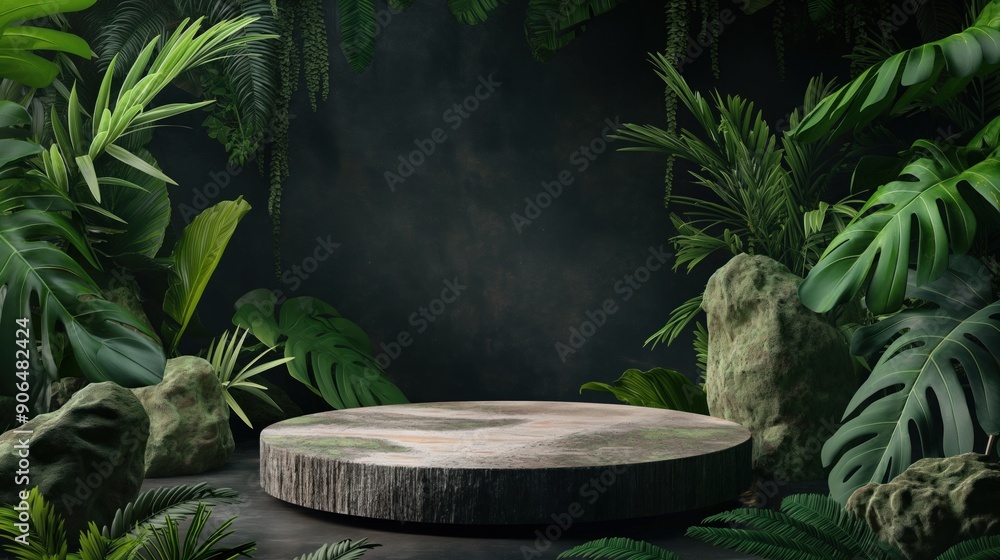 Background podium jungle product platform, green wood display pedestal. Background podium jungle tree nature leaf tropical cosmetic summer forest plant Background podium jungle product platform, green wood display pedestal. Background podium jungle tree nature leaf tropical cosmetic summer forest plant