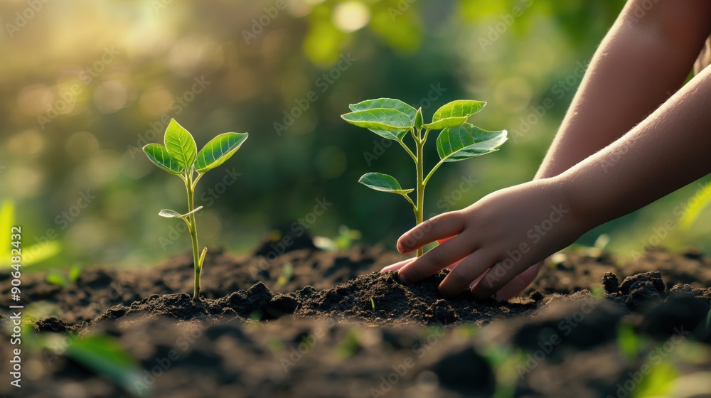 Fototapeta premium Close-up of a child hands planting a small tree sapling, symbolizing growth and sustainability. Image emphasizes the importance of nurturing nature and taking steps towards a greener future