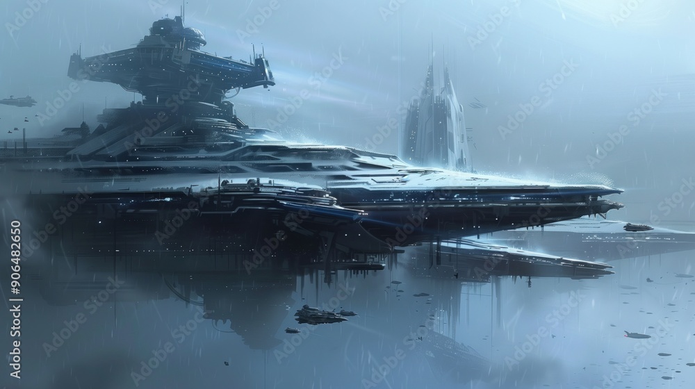 A massive spaceship rests on the icy surface of an alien planet, surrounded by mist and distant towering structures, evoking a mysterious and futuristic atmosphere A massive spaceship rests on the icy surface of an alien planet, surrounded by mist and distant towering structures, evoking a mysterious and futuristic atmosphere