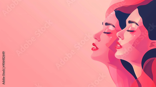 Women's day celebration banner, 8 march, multiple women faces graphic illustration, horizontal copy space on pastel pink background. 