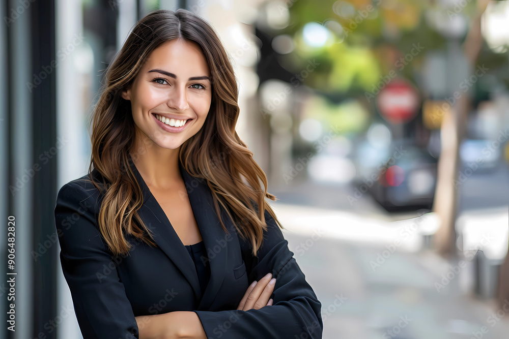 Young happy pretty smiling professional business woman, happy confident positive female entrepreneur standing outdoor on street arms crossed, looking at camera, Young happy pretty smiling professional business woman, happy confident positive female entrepreneur standing outdoor on street arms crossed, looking at camera,