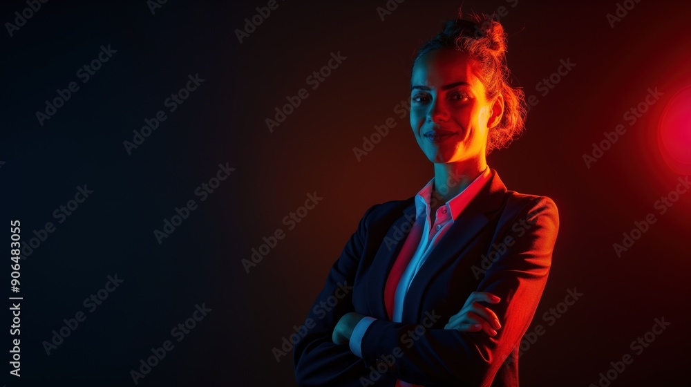 Full body silhouette of a smiling gorgeous Brazilian business woman in a powerful pose, arms crossed. Red and blue rim light on black background Full body silhouette of a smiling gorgeous Brazilian business woman in a powerful pose, arms crossed. Red and blue rim light on black background