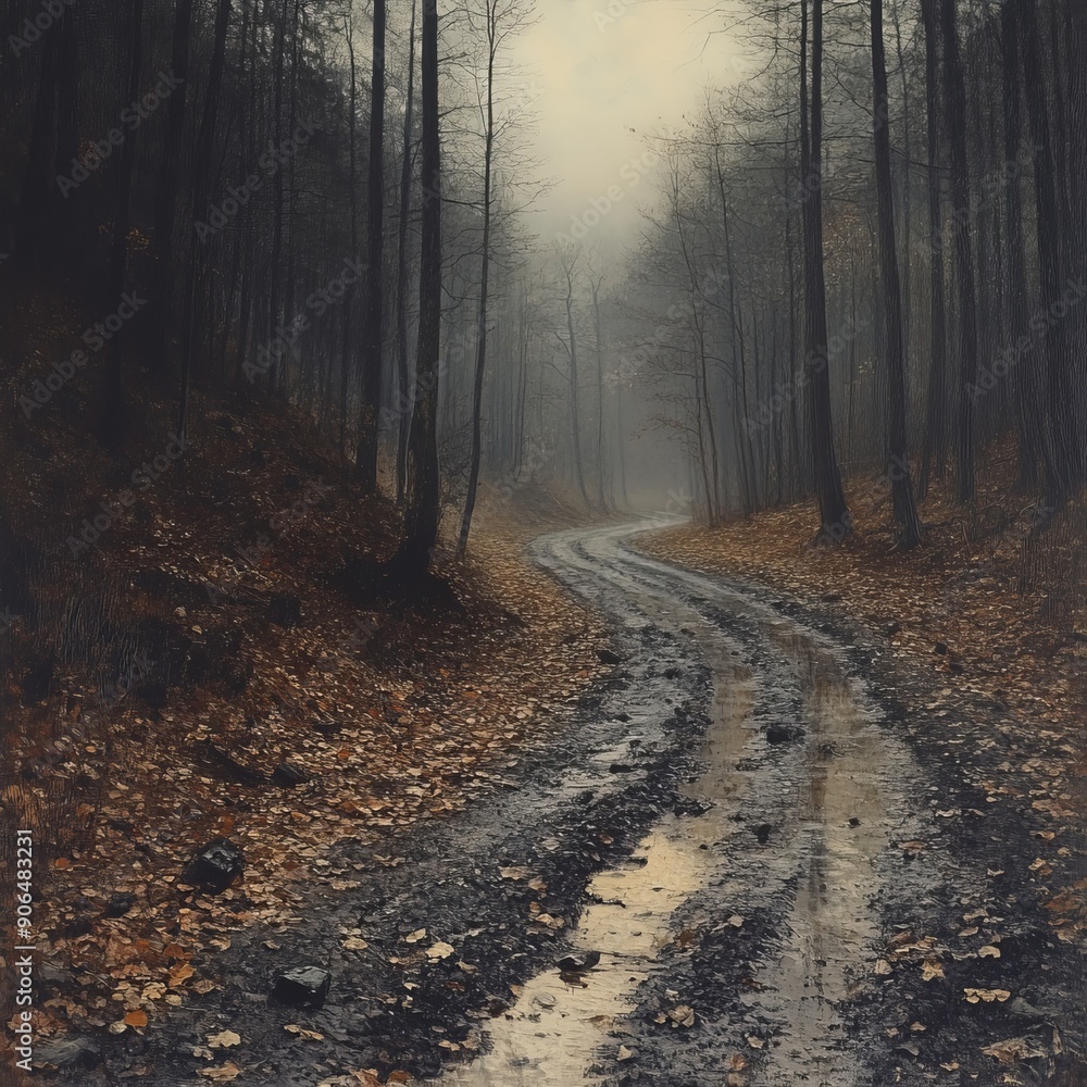 Naklejka premium The road through the park at night in the rain. Generative AI