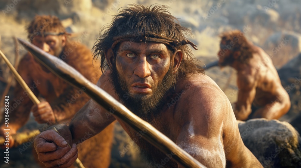 Team of cavemen ancient hunters around 10000 BC, deeply engaged in primal act of hunting prehistoric animals. Early humans demonstrate remarkable teamwork and strategic acumen Team of cavemen ancient hunters around 10000 BC, deeply engaged in primal act of hunting prehistoric animals. Early humans demonstrate remarkable teamwork and strategic acumen