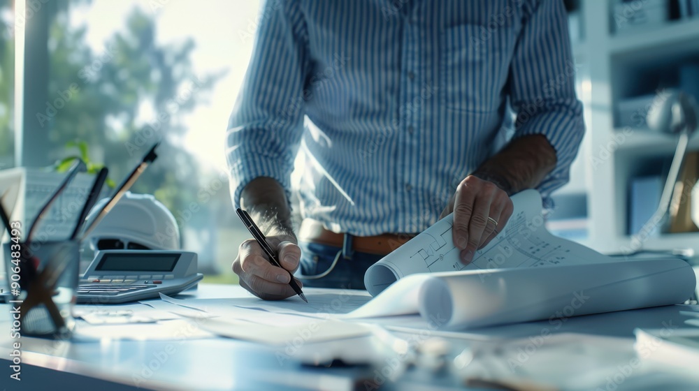 The architect working on blueprints. The architect working on blueprints.