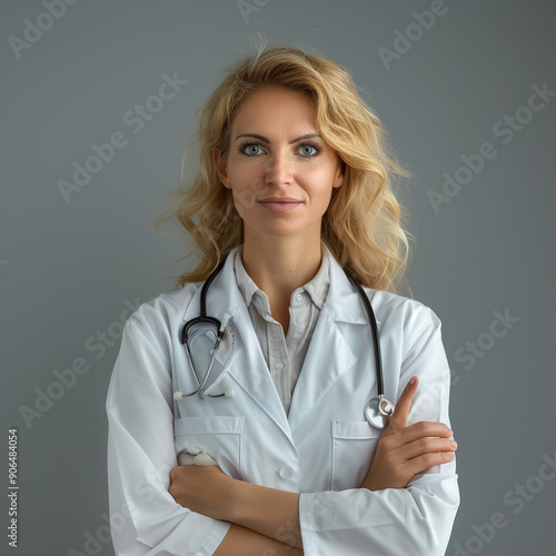 A woman in a white lab coat is posing for a picture. She is wearing a stethoscope around her neck