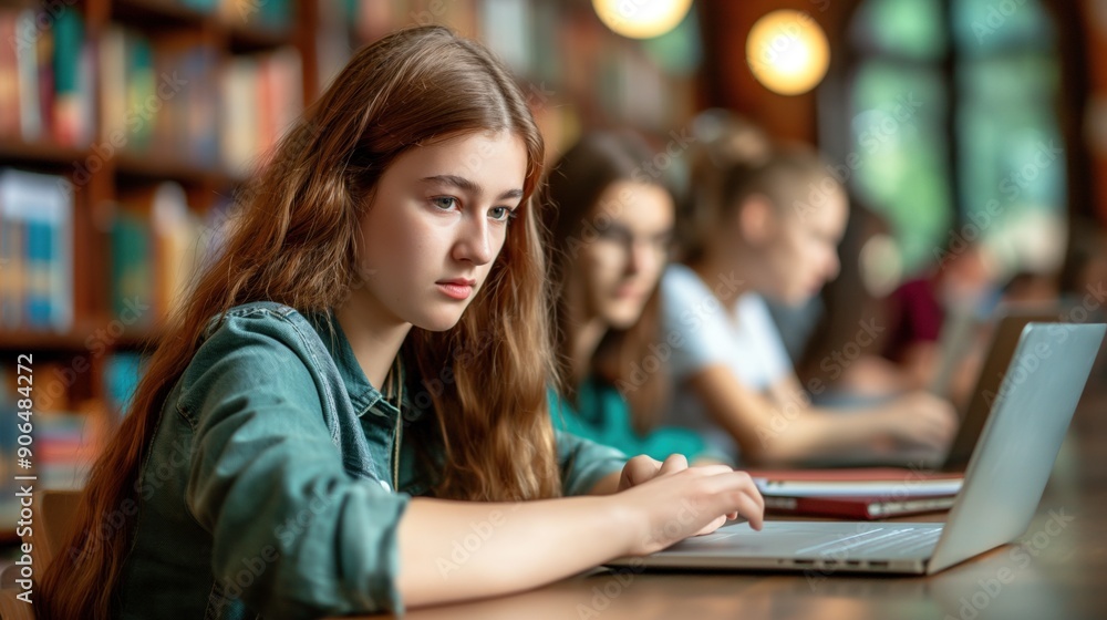 Students studying in a library, surrounded by books and laptops, focused on their work Students studying in a library, surrounded by books and laptops, focused on their work