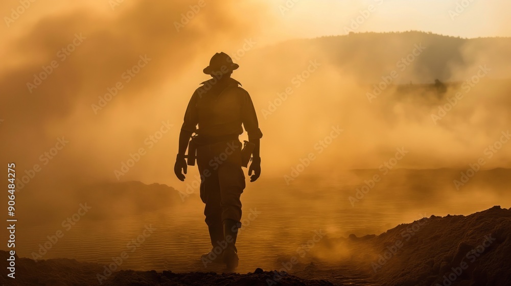 A courageous firefighter strides through thick smoke, illuminated by the soft glow of a golden sunset, actively battling a wildfire in a rugged terrain A courageous firefighter strides through thick smoke, illuminated by the soft glow of a golden sunset, actively battling a wildfire in a rugged terrain
