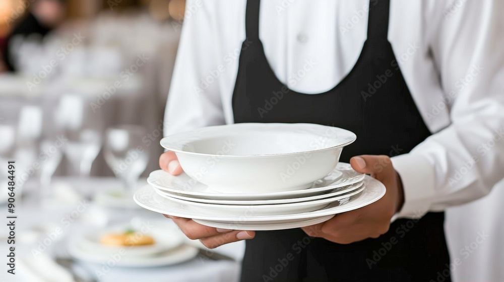 A waiter expertly carries a stack of plates and a large bowl while attending to guests in a stylish restaurant setting during dinner hours A waiter expertly carries a stack of plates and a large bowl while attending to guests in a stylish restaurant setting during dinner hours
