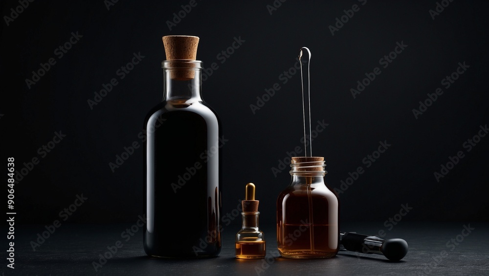 Three bottles of medicine with droppers on dark background. Three bottles of medicine with droppers on dark background.