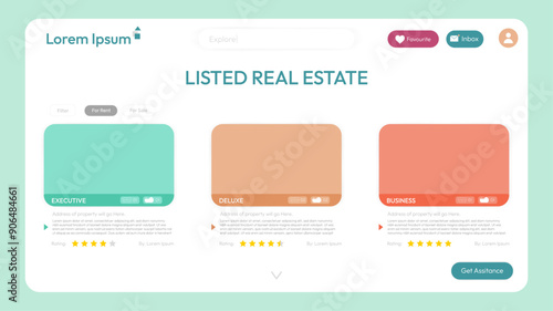Real Estate concept web page design in modern color and shapes, editable vector. Rent and Sale landing page website eps.