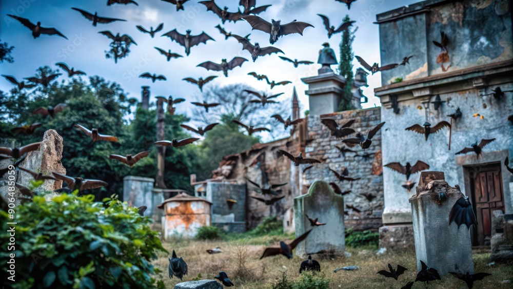 Fototapeta premium Bats Flying Over an Abandoned Cemetery