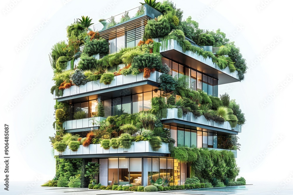Obraz premium Building with a vertical garden of succulents isolated on white background. Generative AI.