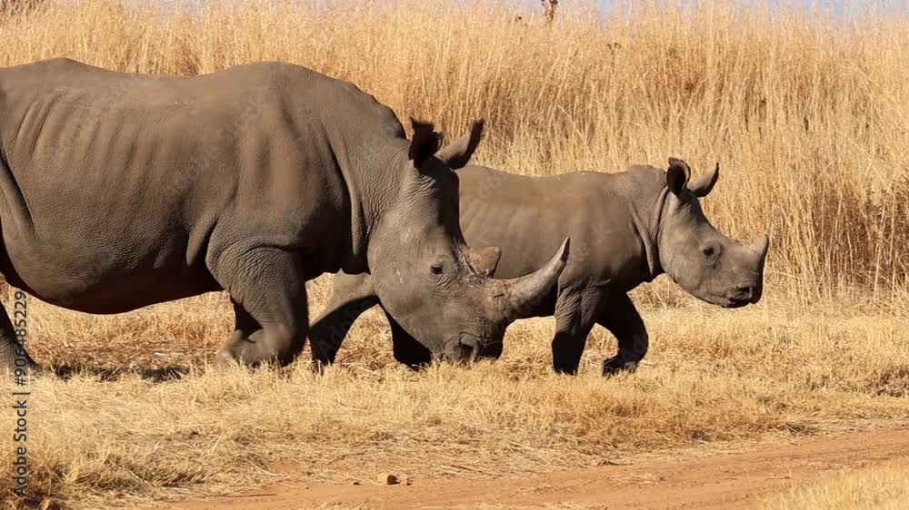 Endangered White Rhino Mother and Calf in slow motion on an African dirt road, exhibiting the bond between themselves Endangered White Rhino Mother and Calf in slow motion on an African dirt road, exhibiting the bond between themselves