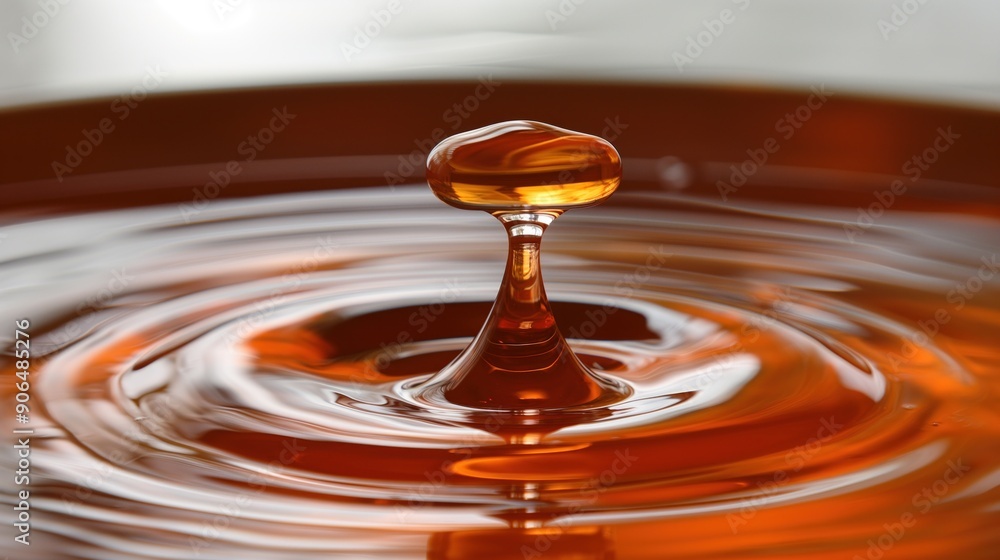 A single droplet strikes the surface of an amber liquid, creating beautiful ripples as it splashes. The moment captures the elegance of motion and reflection in vivid detail A single droplet strikes the surface of an amber liquid, creating beautiful ripples as it splashes. The moment captures the elegance of motion and reflection in vivid detail