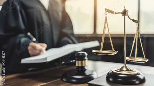 A judge in a black robe writes notes in a courtroom, while a balanced scale of justice and a gavel are prominently displayed on the table