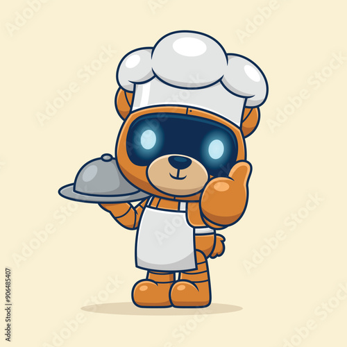 Cute bear robot cartoon in chef costume with dish, vector icon illustration