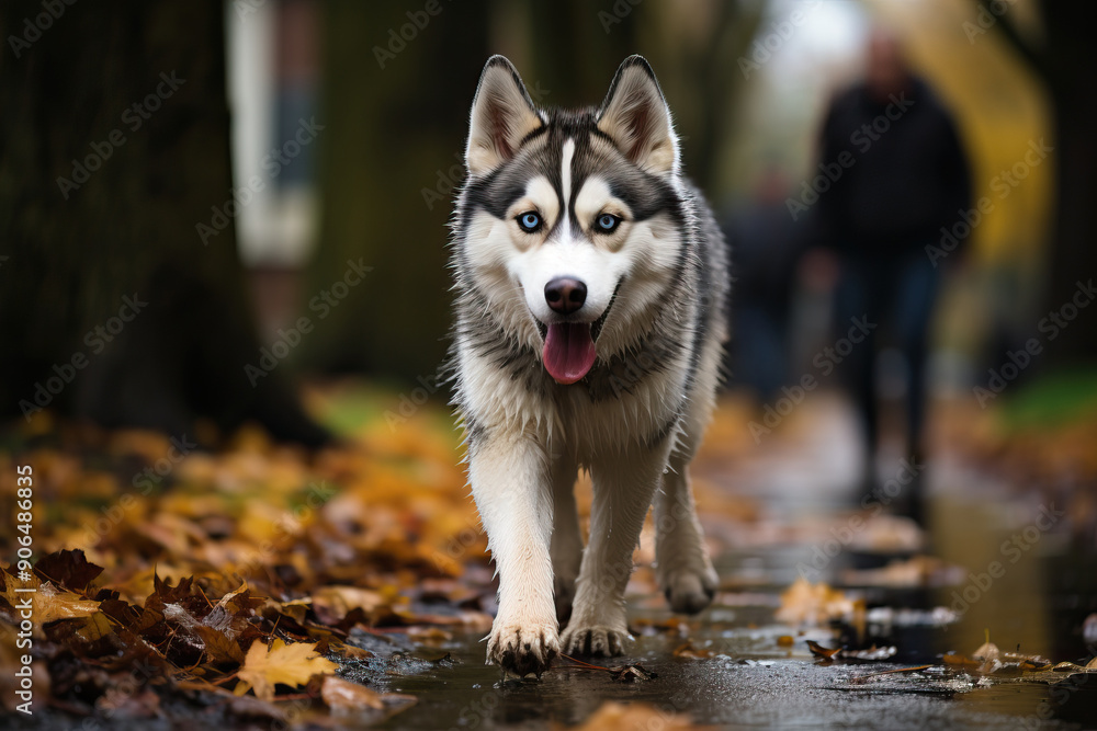 A well-groomed Siberian husky with a collar on his neck walks in an autumn park.