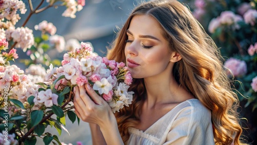 Beautiful woman smelling flowers in a garden. The woman is wearing a white dress and has long brown hair. The flowers are pink and white.