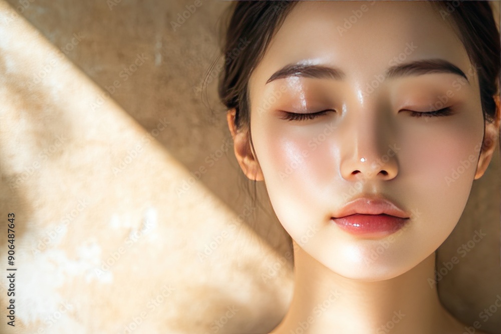 Naklejka premium A tranquil portrait of a young woman with closed eyes, showcasing natural beauty and serene facial features against a soft background.