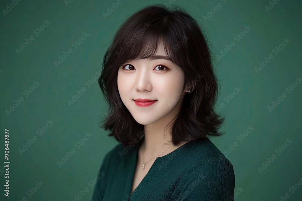 Portrait of a young woman with a cheerful smile, showcasing natural beauty against a solid green background.