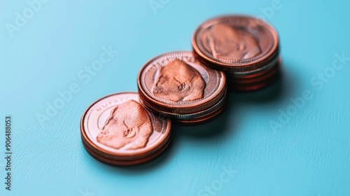 Four Copper-Colored Coins Arranged in a Row on a Blue Surface photo