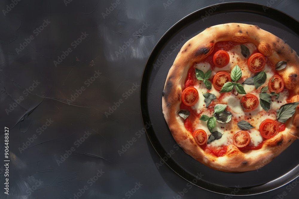 Delicious Italian Margherita Pizza with Fresh Basil and Cherry Tomatoes on Dark Background Delicious Italian Margherita Pizza with Fresh Basil and Cherry Tomatoes on Dark Background