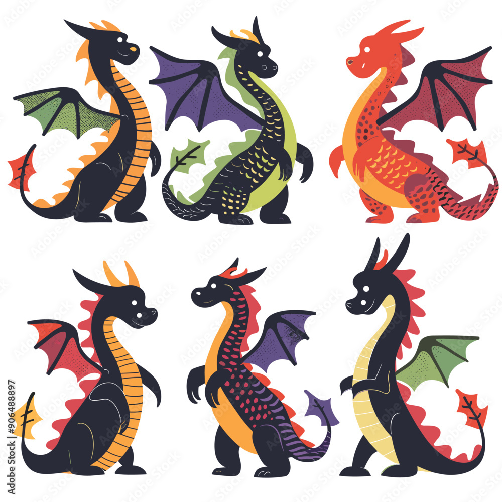 Obraz premium Six colorful cartoon dragons, illustrated various poses showing playful, friendly characters, dragon displays unique pattern scales, horns, wings, designed vibrant primary secondary colors. Cute