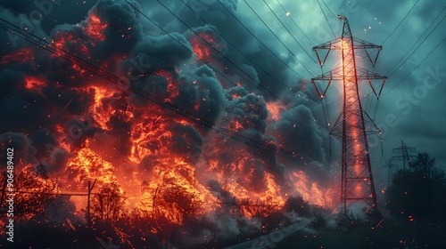 Power Line Surrounded by Smoke and Flames