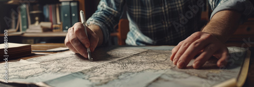 Cartographer working with cadastral maps at wooden table in office, closeup photo