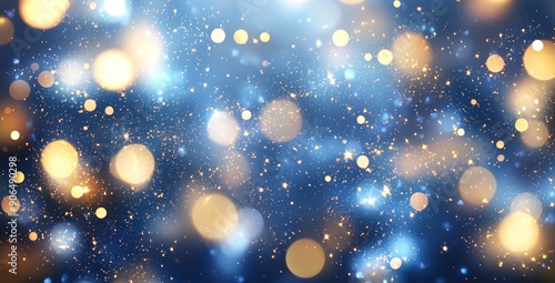 Abstract background with bokeh lights and glitter on blue and golden hues, creating a magical festive ambiance. Generative ai