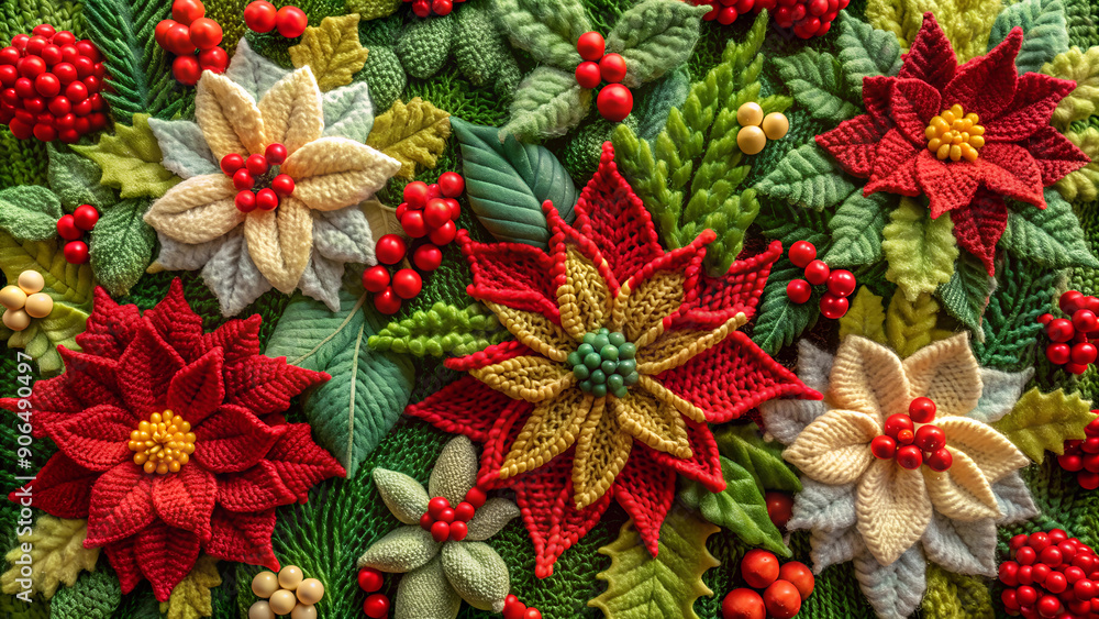 A vibrant crocheted picture featuring a lush 3D composition of poinsettias, holly and mistletoe in rich reds, greens and golds. Each flower and leaf is meticulously detailed. A vibrant crocheted picture featuring a lush 3D composition of poinsettias, holly and mistletoe in rich reds, greens and golds. Each flower and leaf is meticulously detailed.
