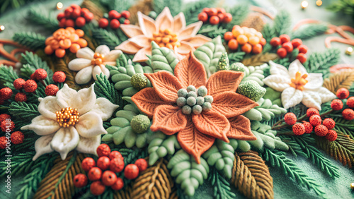 A vibrant crocheted picture featuring a lush 3D composition of poinsettias, holly and mistletoe in rich reds, greens and golds. Each flower and leaf is meticulously detailed.