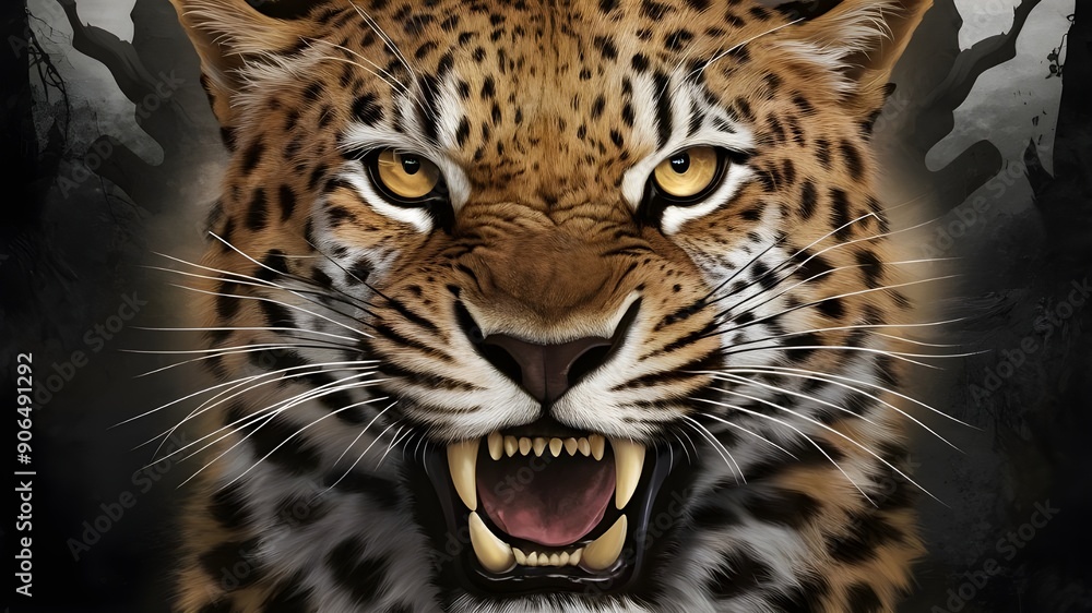 Obraz premium Cinematic Leopard Face Illustration: Digital Art Vector Design. xperience the striking beauty of a leopard's face in this cinematic digital art piece. 