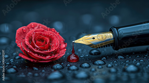 Fountain pen and red ink drop on black paper with red rose on the paper. photo