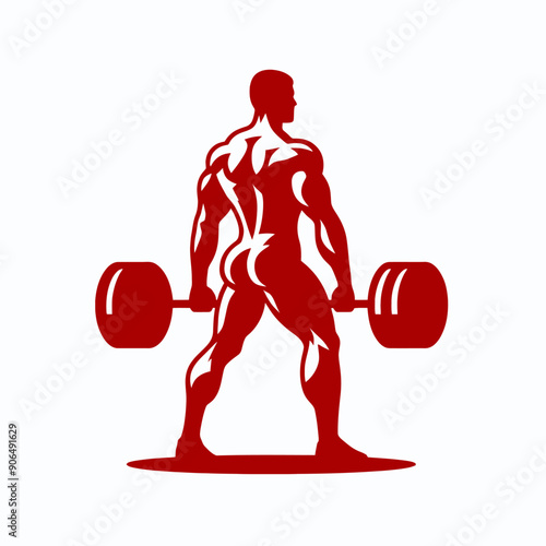 Muscular bodybuilder red vector silhouette illustration isolated on white background.	
