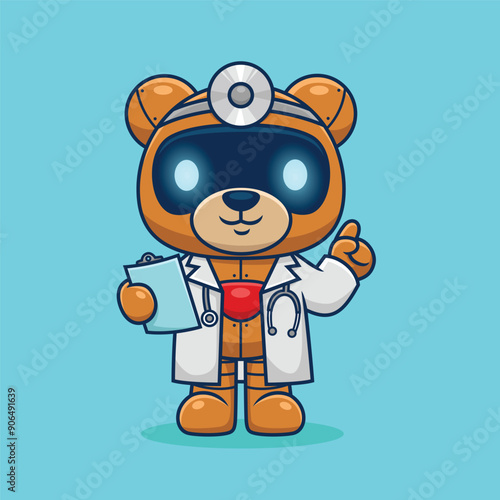 Cartoon cute bear robot in doctor costume, vector icon illustration
