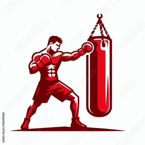 Muscular bodybuilder red vector silhouette illustration isolated on white background.	
