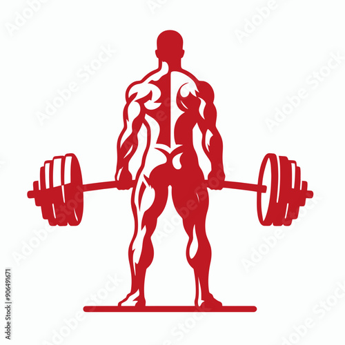 Muscular bodybuilder red vector silhouette illustration isolated on white background.	
