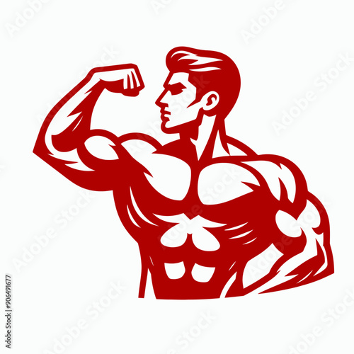 Muscular bodybuilder red vector silhouette illustration isolated on white background.	
