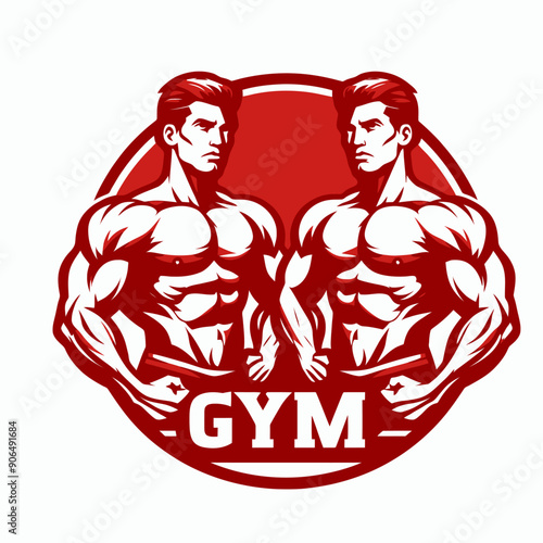 Muscular bodybuilder red vector silhouette illustration isolated on white background.	
