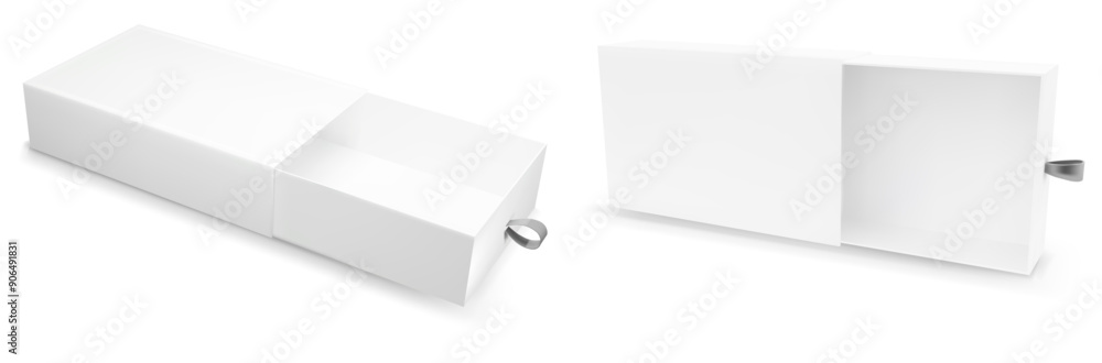 White drawer gift box mock up. Slide cardboard package template design set. Open realistic paper blank pull cover for jewelry or food with silver ribbon. Christmas retail wrapper case for advertising White drawer gift box mock up. Slide cardboard package template design set. Open realistic paper blank pull cover for jewelry or food with silver ribbon. Christmas retail wrapper case for advertising