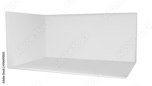 3d booth stand mockup for event. Blank exhibition corner room rectangle mock up. Empty presentation interior render with floor. Tradeshow showroom for press promotion. Expo kiosk box area layout
