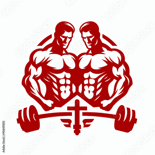 Muscular bodybuilder red vector silhouette illustration isolated on white background.	
