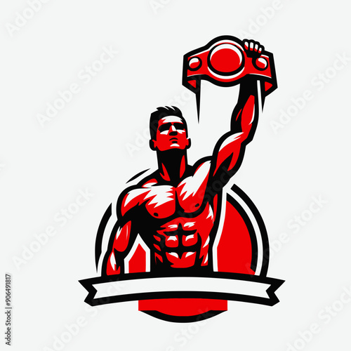 Muscular bodybuilder red vector silhouette illustration isolated on white background.	
