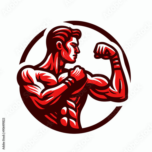 Muscular bodybuilder red vector silhouette illustration isolated on white background.	
