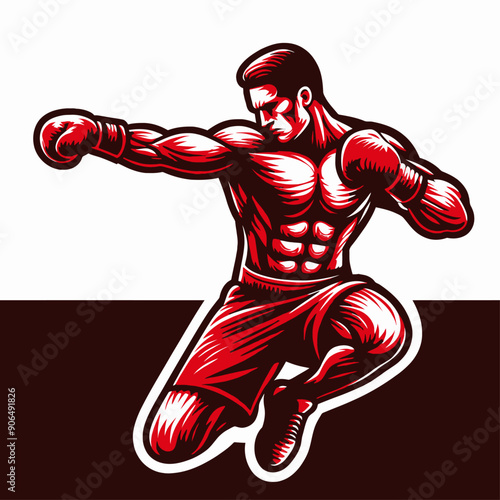 Muscular bodybuilder red vector silhouette illustration isolated on white background.	

