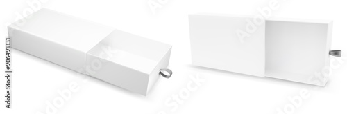 White drawer gift box mock up. Slide cardboard package template design set. Open realistic paper blank pull cover for jewelry or food with silver ribbon. Christmas retail wrapper case for advertising